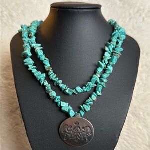 Turquoise Beaded Necklace with Silver Pendant